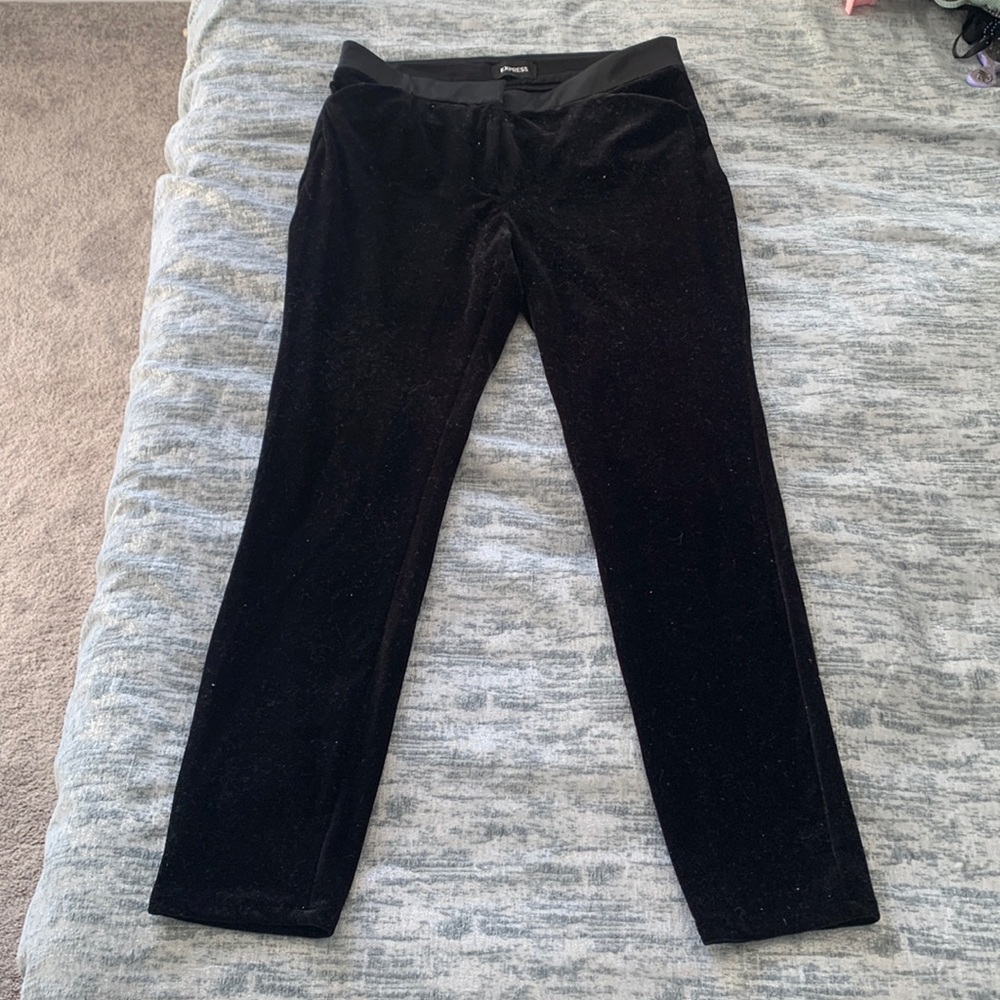 Black stretchy velvet pants with satin trim at waistband